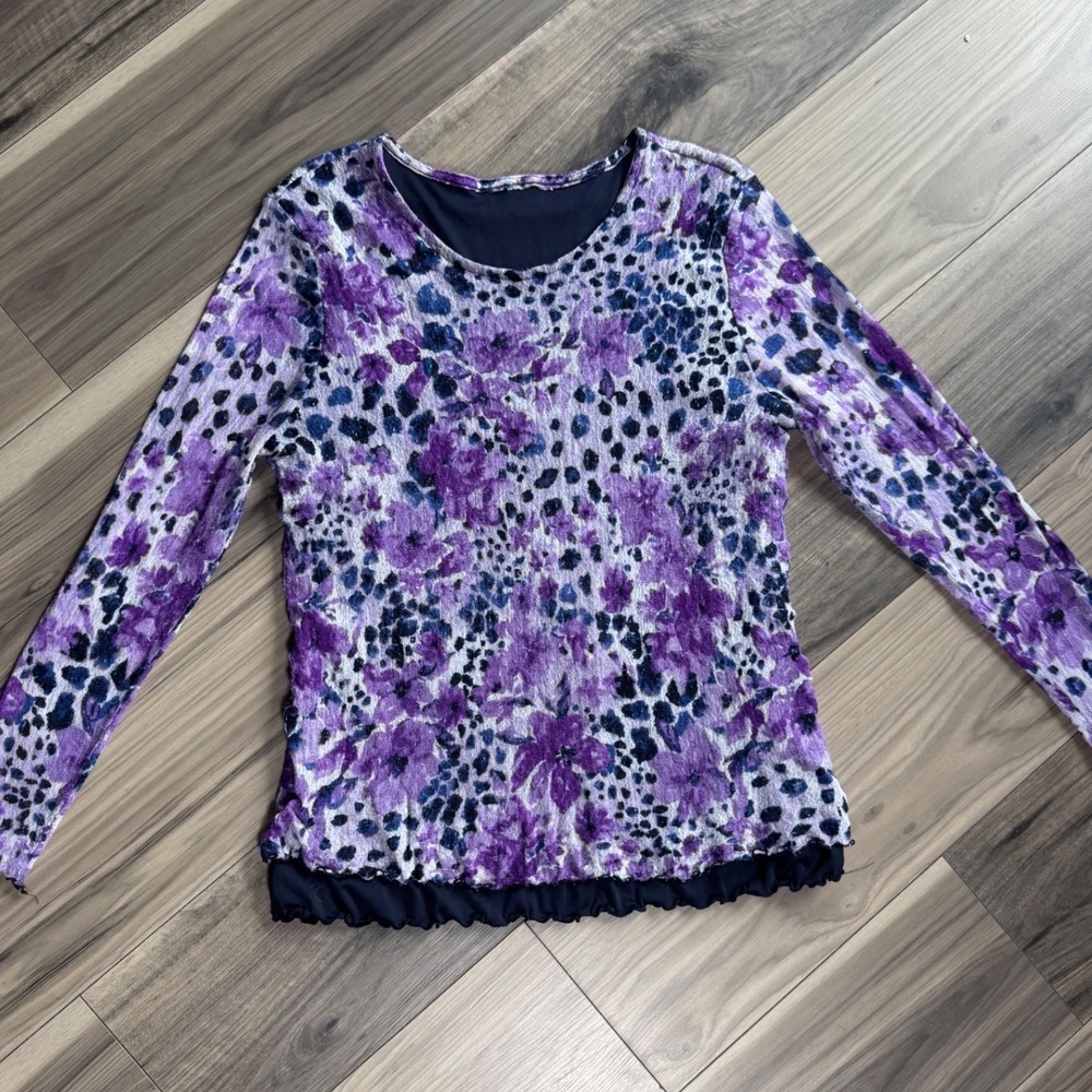 Christopher & Banks Purple Floral Leopard Print Long Sleeve Mesh Top Medium